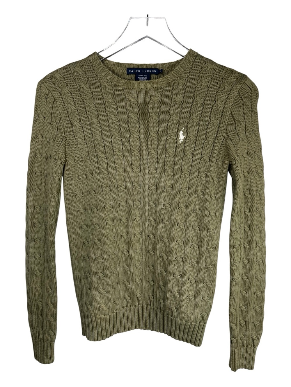 Ralph Lauren Olive Green Cable-Knit Crewneck Cotton Sweater Pony Logo Sz S